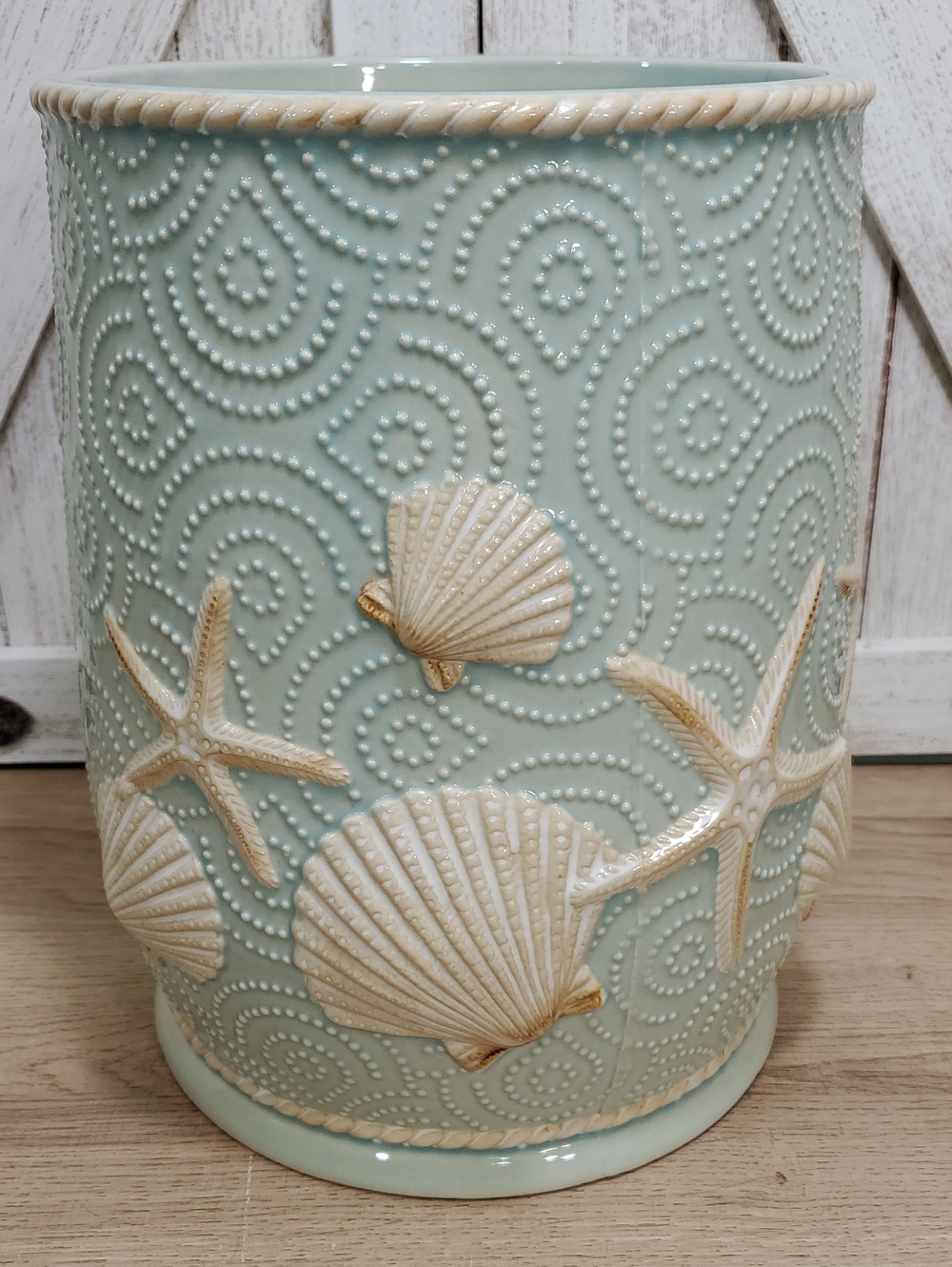 Seashell Trash Can Vase Beach Coastal Decor